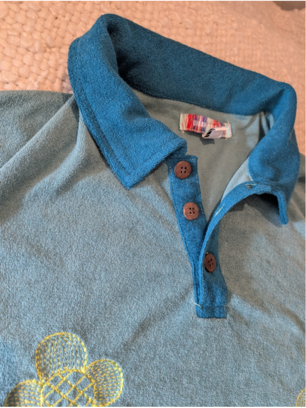 Womens Urban Outfitters M Teal Floral Embroidered Terry Polo Pocket Top Y2K - Picture 9 of 11